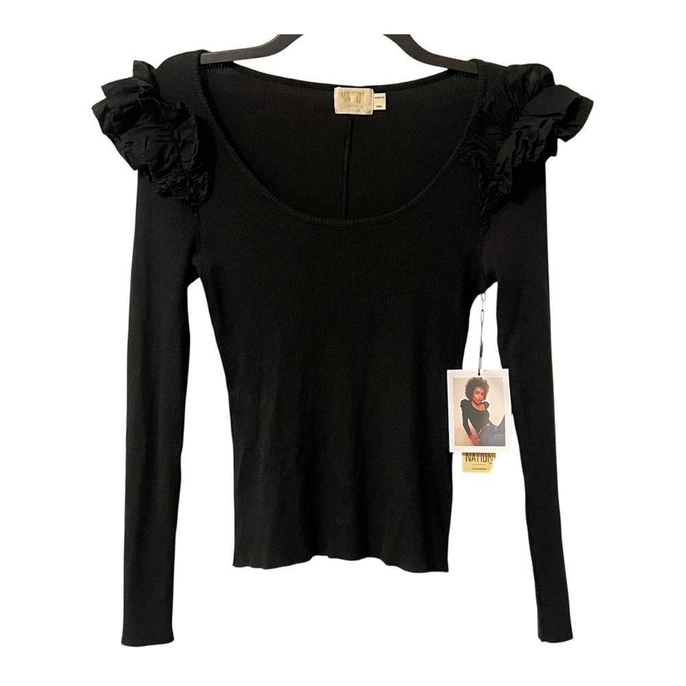 Nation LTD Black Ruffle Shoulder Long Sleeve Top  NWT size Small